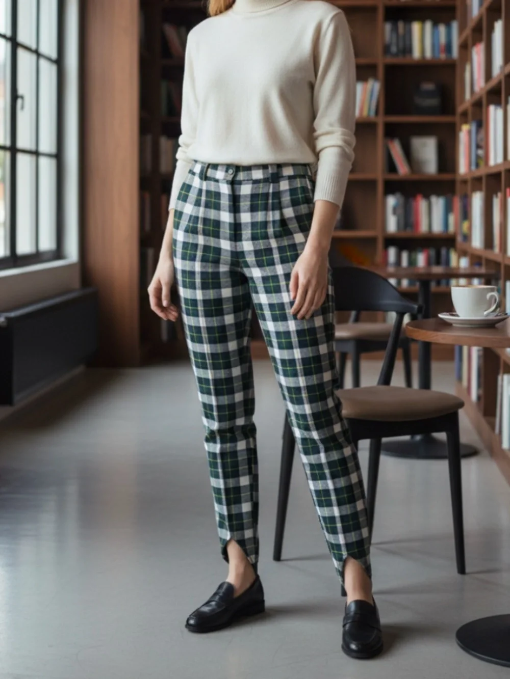 Vintage Express Women's Green Navy Plaid Stretch Stirrup Pants 80s 7/8 Long